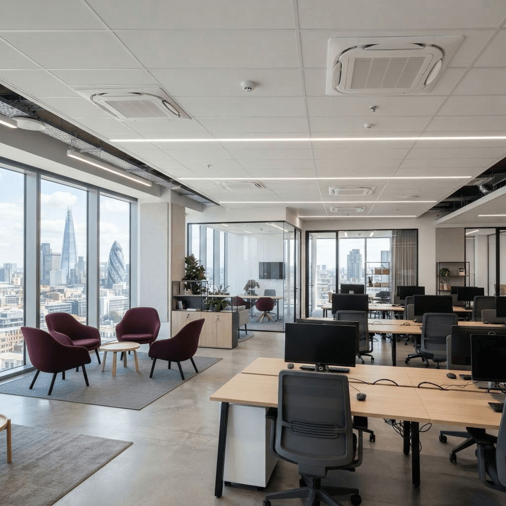 Ceiling cassette air conditioning units installed in a modern office