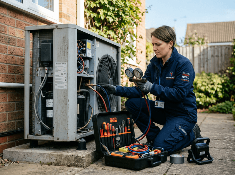 Engineer servicing an air source heat pump outdoor unit